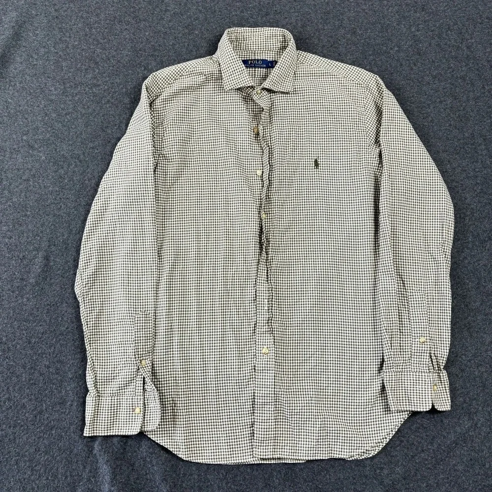Polo Ralph Lauren Mens Large Green Gingham Check Long Sleeve Button Down Shirt